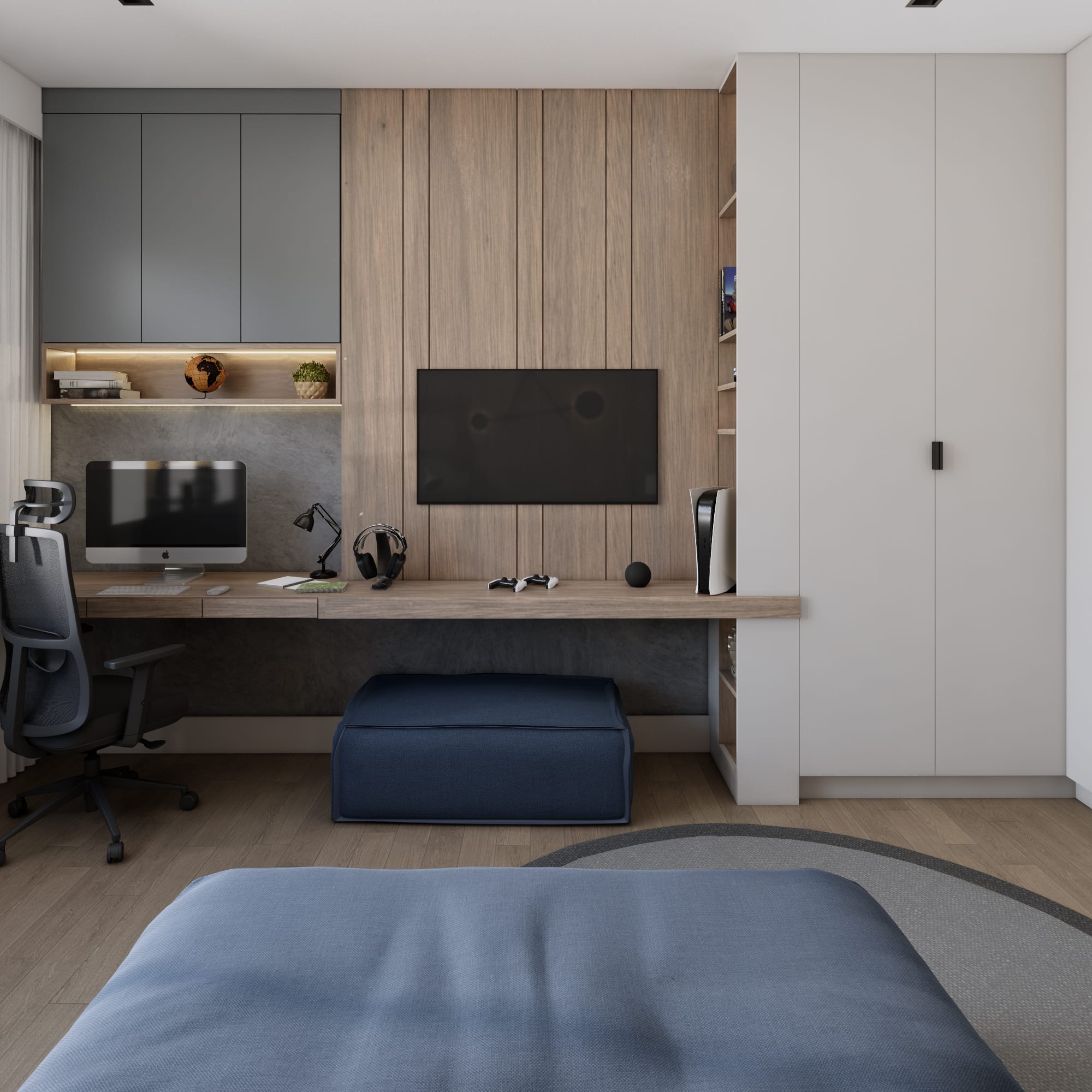 Renovação de quarto moderno e funcional em Sorocaba-SP, destacando design de interiores contemporâneo e soluções inteligentes - Studio Poen Arquitetura