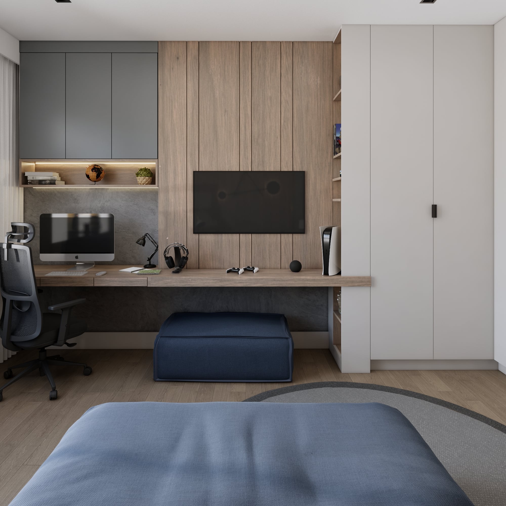 Renovação de quarto moderno e funcional em Sorocaba-SP, destacando design de interiores contemporâneo e soluções inteligentes - Studio Poen Arquitetura