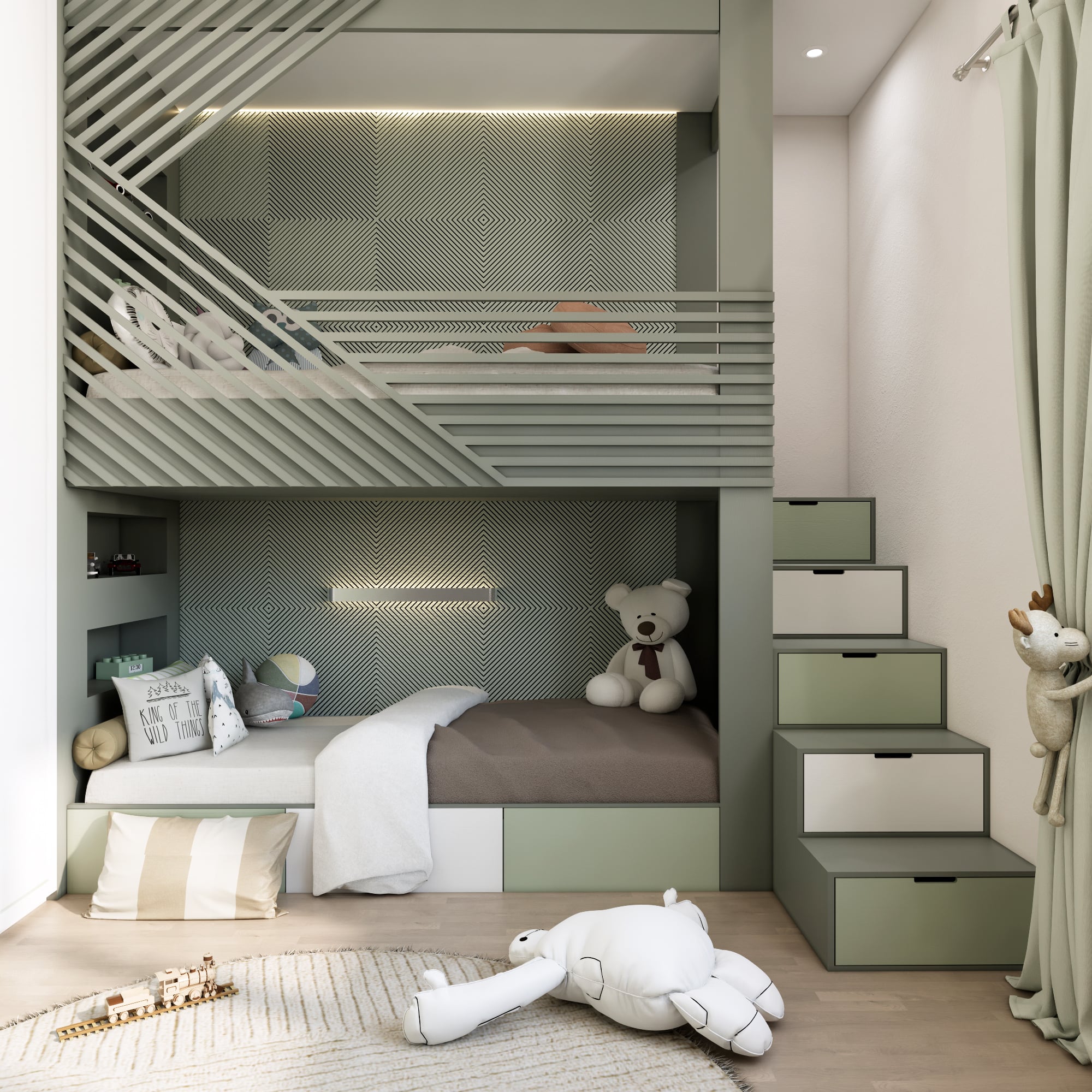 Design de quarto infantil funcional e acolhedor em Sorocaba-SP, destacando interiores personalizados para irmãos - Studio Poen Arquitetura