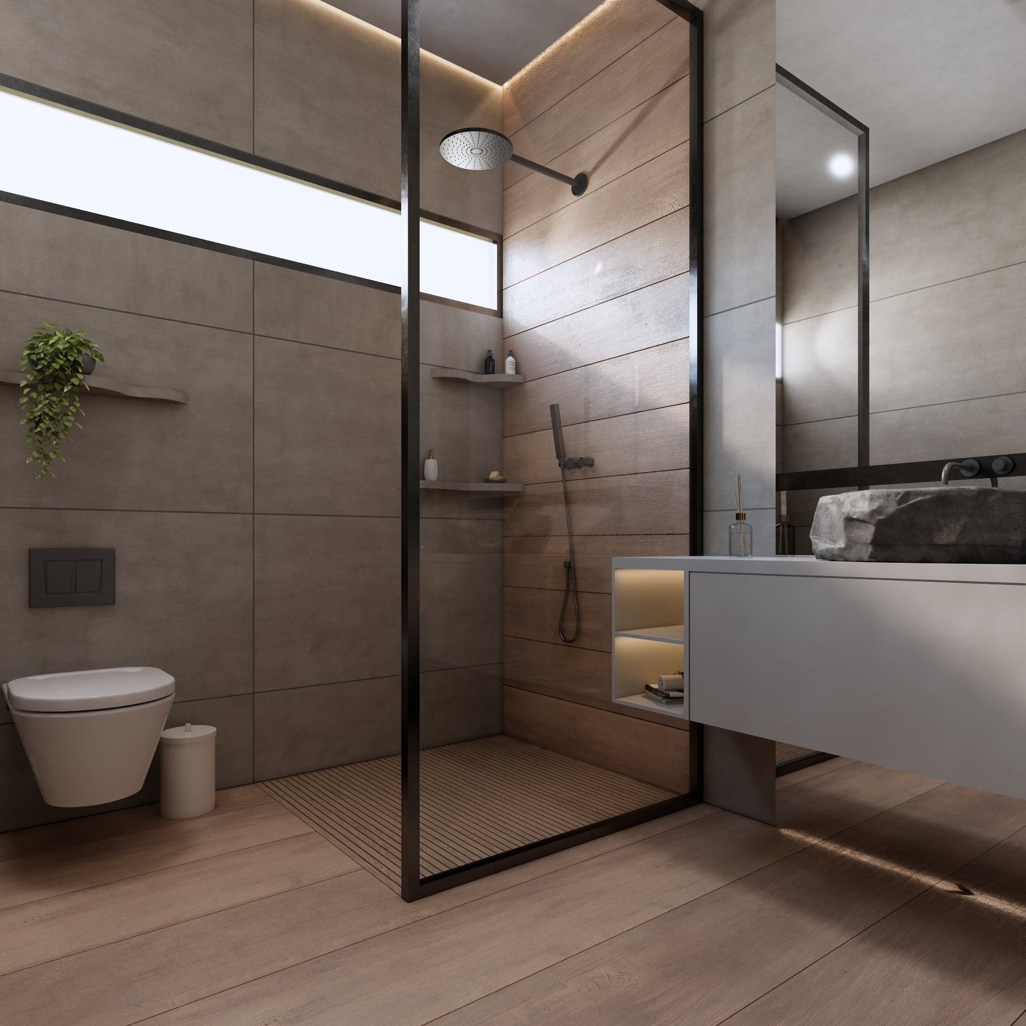 Design de banheiro rústico e acolhedor em casa de campo em Sorocaba-SP, destacando interiores naturais e elegantes para um refúgio pessoal - Studio Poen Arquitetura